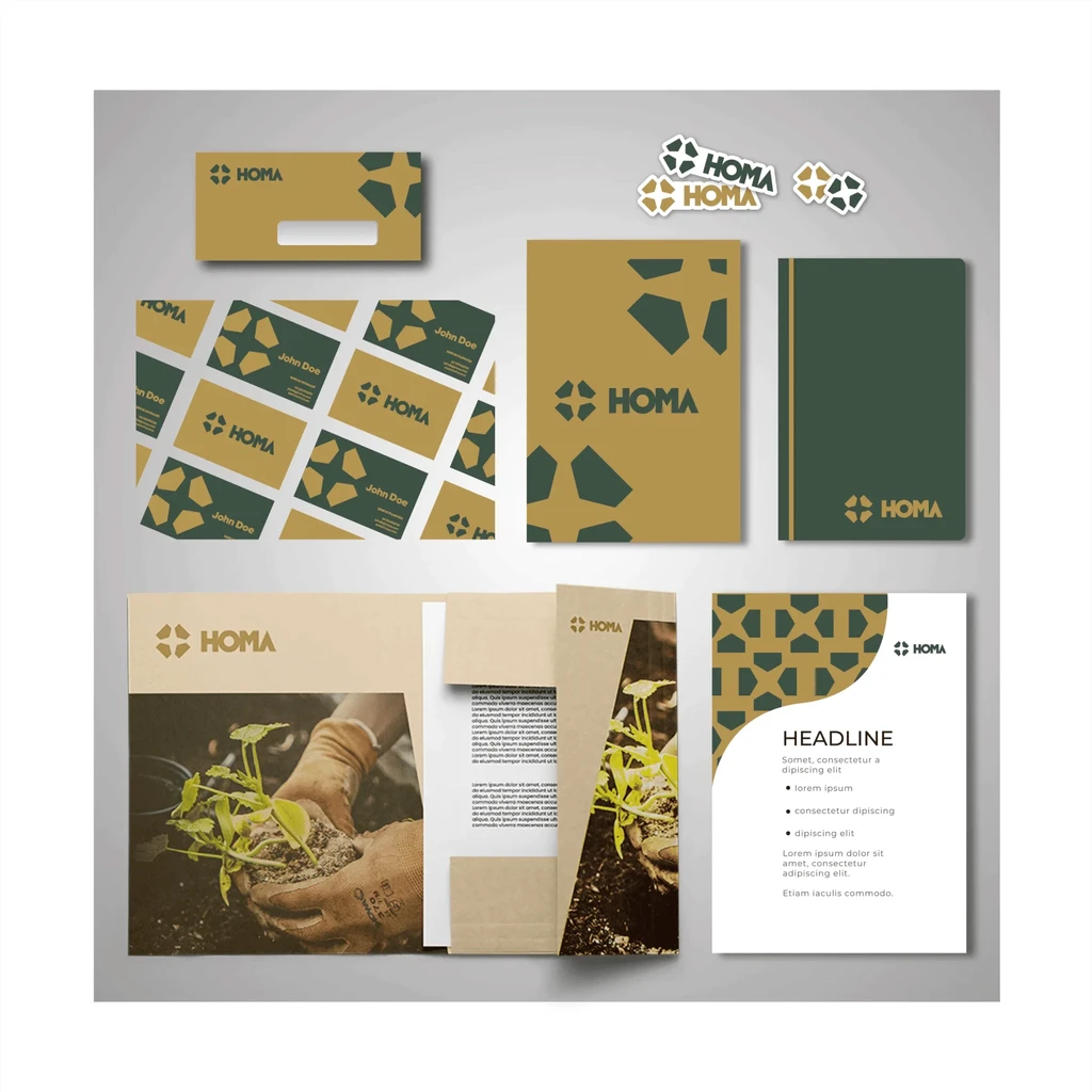 Homa stationery: cards, notebooks and a brochure